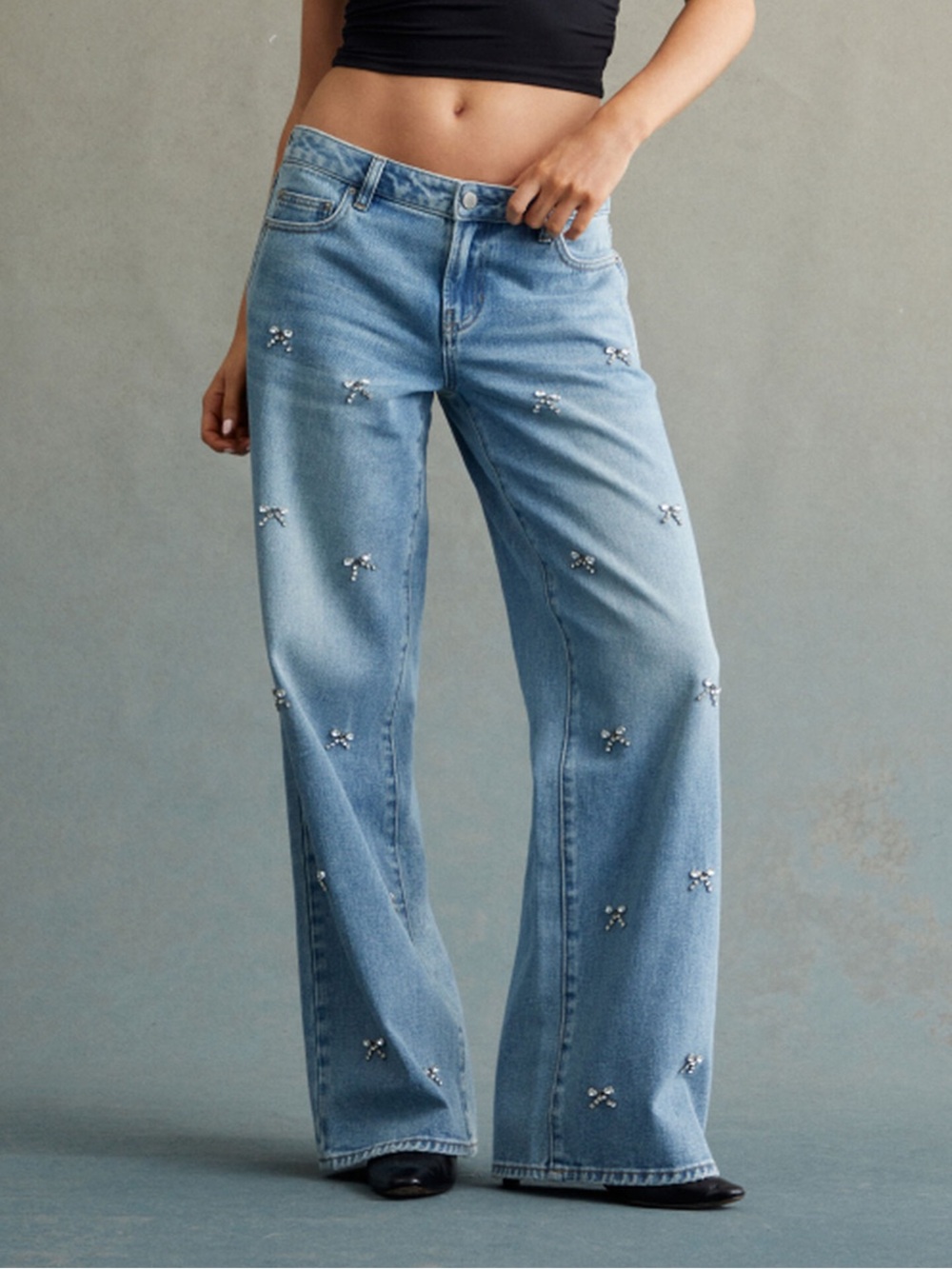 Rare DNM Edit Light Indigo Rhinestone Bow Low-Rise Baggy Jeans size 28